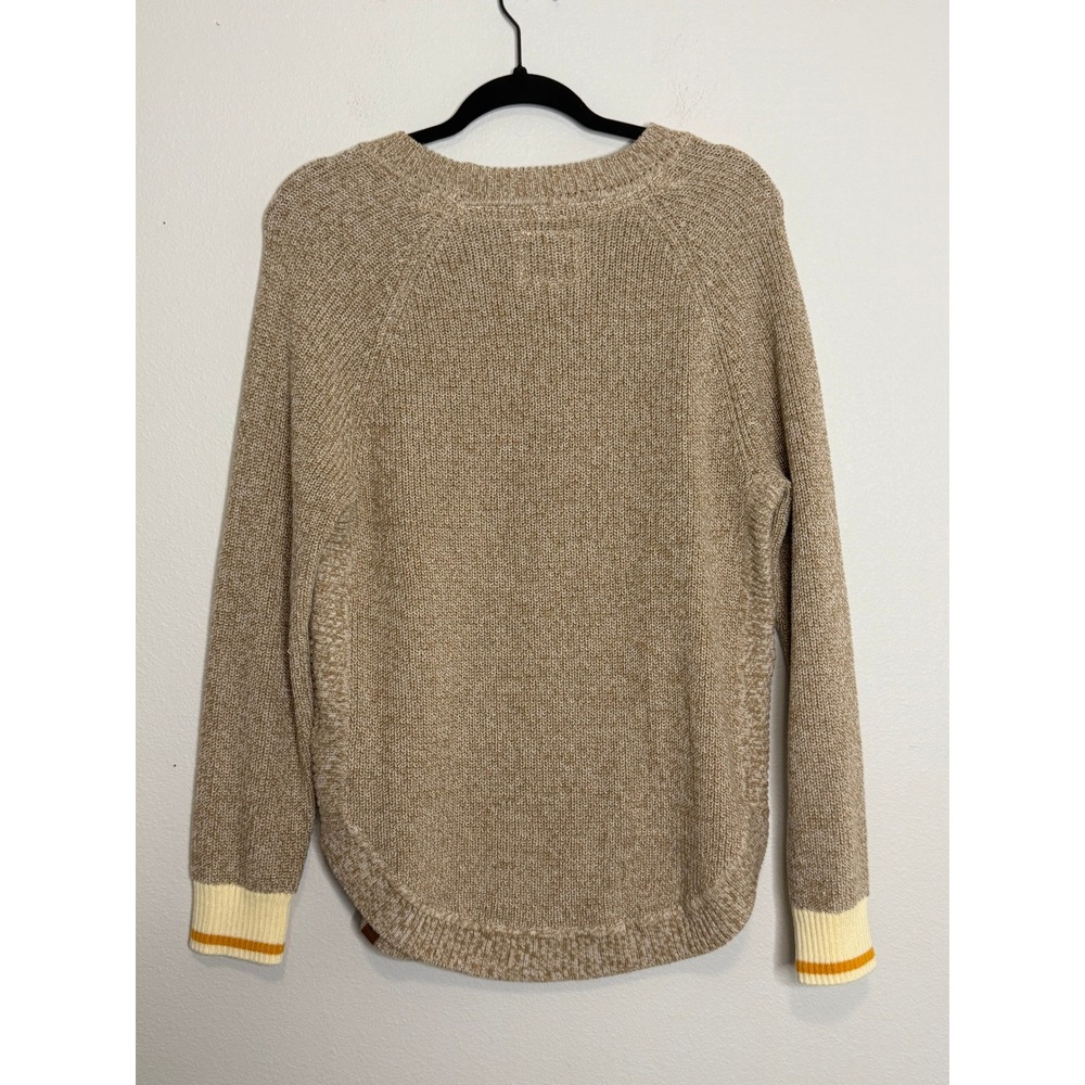 Roots Cabin Women Tan Marl Knit Raglan Crewneck Sweater Yellow Stripe Cuff M - Picture 2 of 5